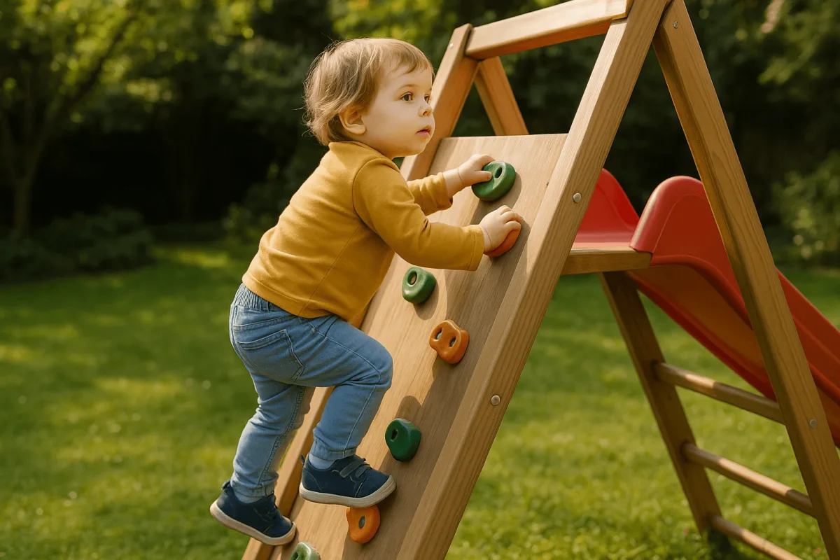 peuter klimt op speeltoestel buiten in de tuin