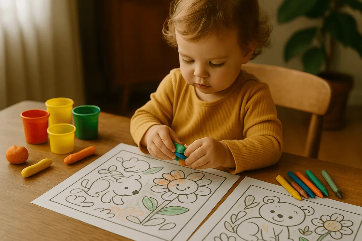 peuter knutselt zelfstandig met klei en kleurplaten zonder scherm op tafel