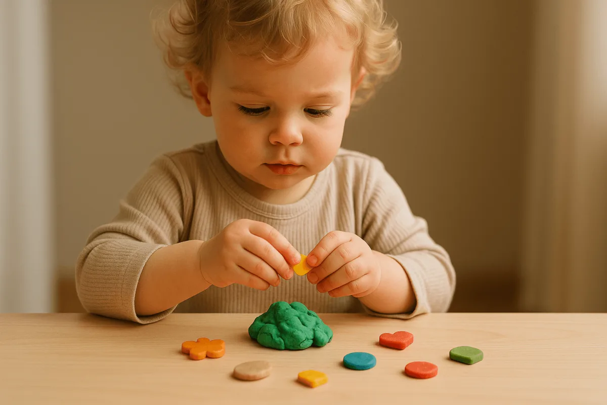 peuter oefent pincetgreep met klei en kleine vormpjes op tafel