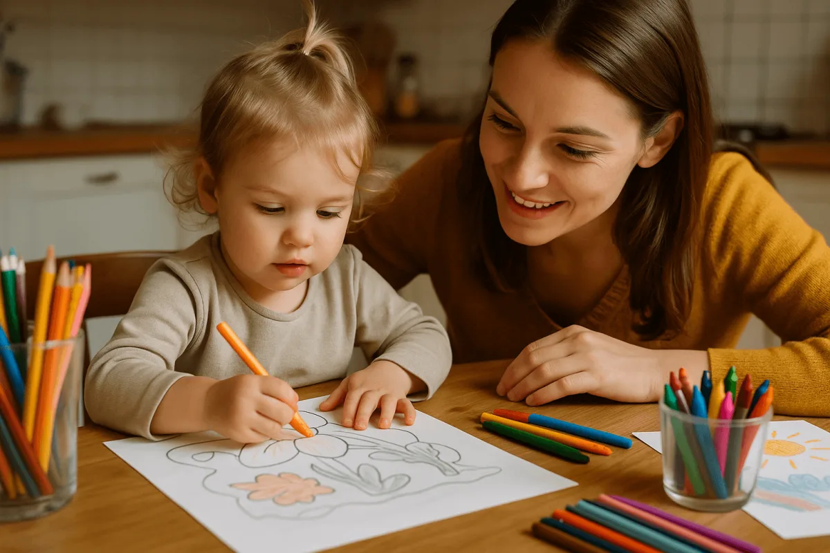 peuter en ouder kleuren samen aan keukentafel met verschillende materialen