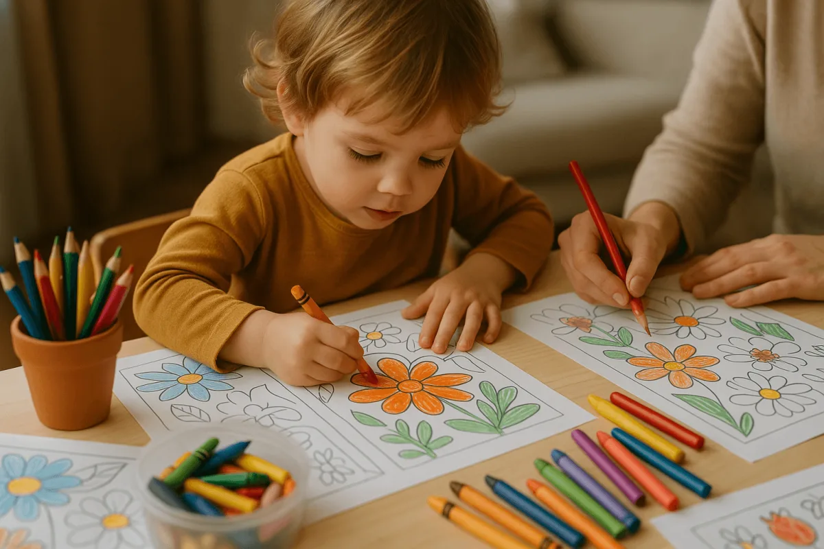 peuter en ouder kleuren samen aan tafel met verschillende materialen