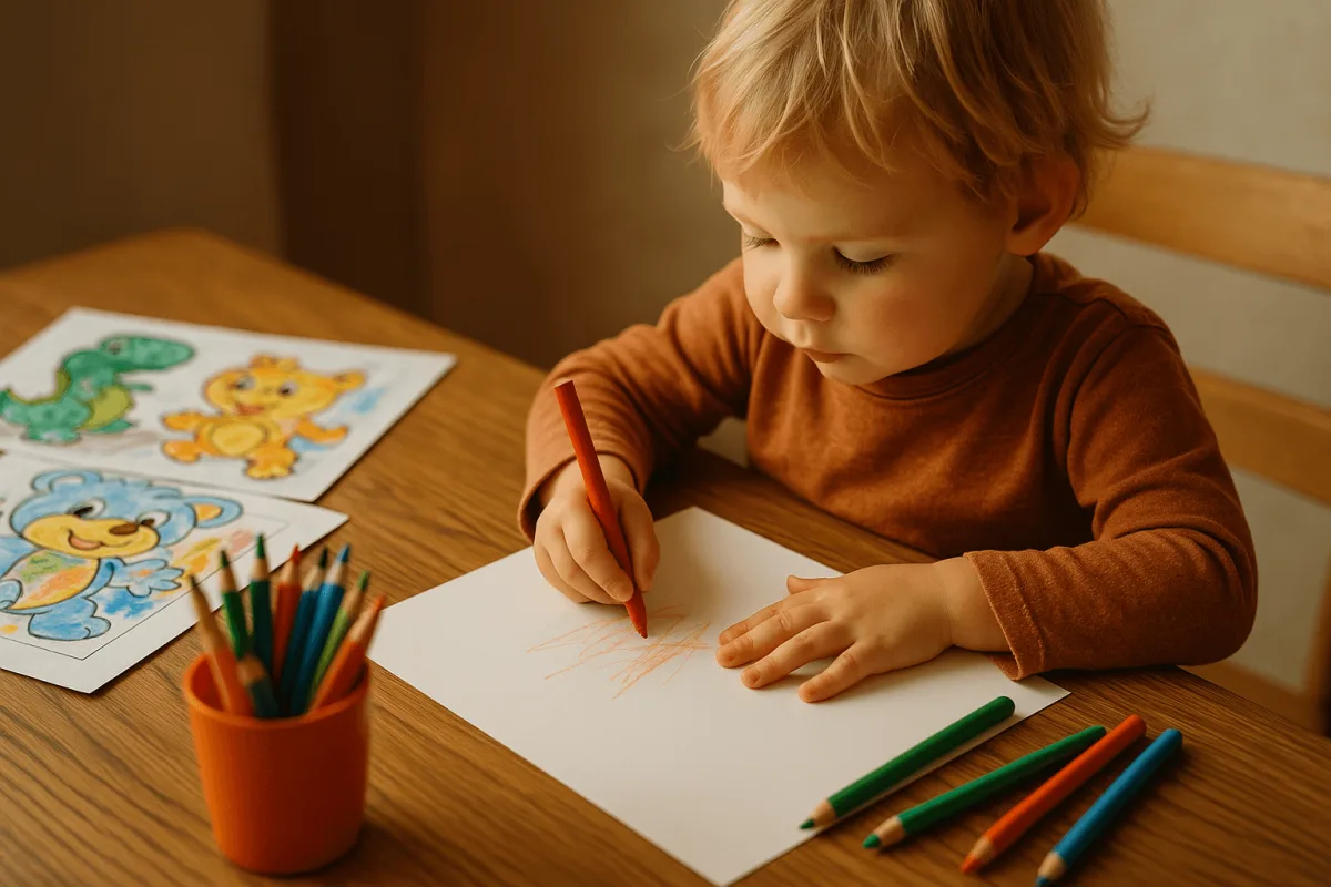 peuter die overstapt van kleurplaten naar zelf tekenen op blanco papier