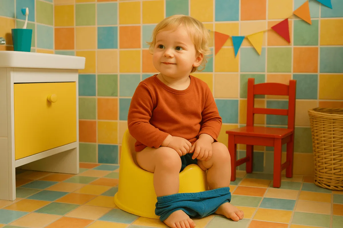 peuter op potje in kleurrijke badkamer thuis zindelijkheidstraining peuterspeelzaal
