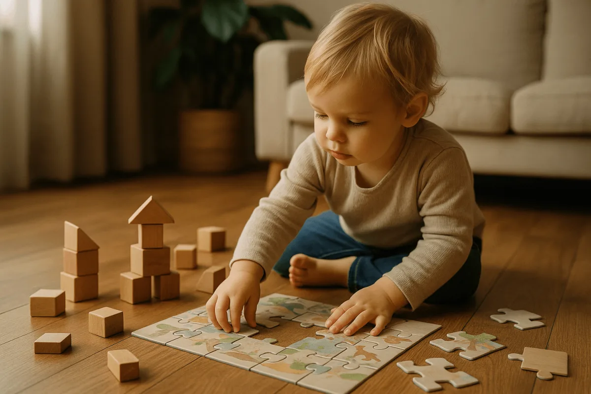 peuter speelt met blokken en legpuzzel op houten vloer thuis