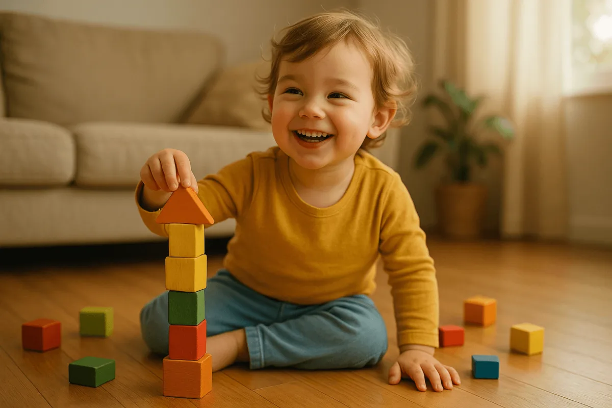 peuter speelt met blokken vrolijk zelfvertrouwen kind thuis