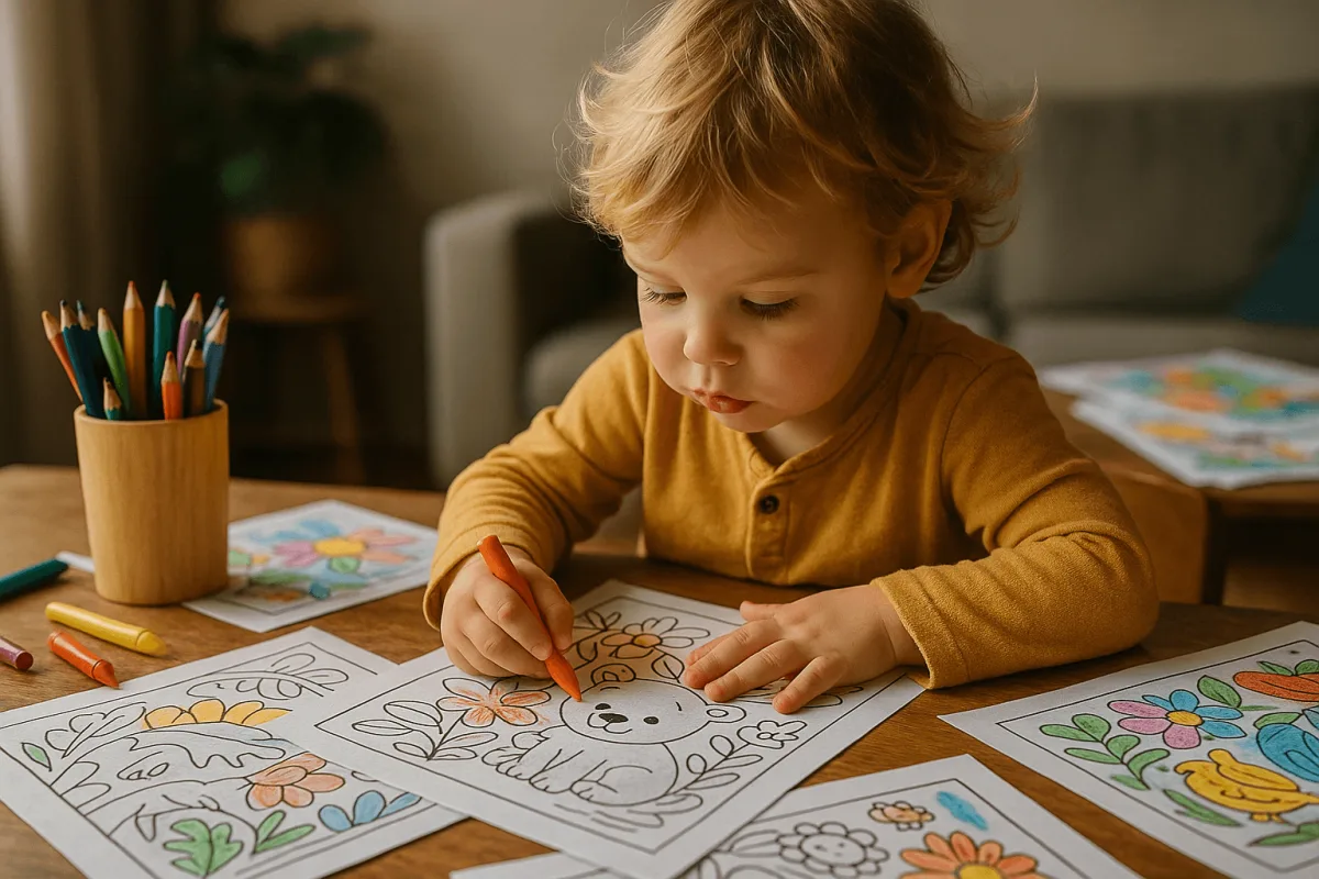 peuter speelt creatief zonder scherm met tekenmateriaal en kleurplaten