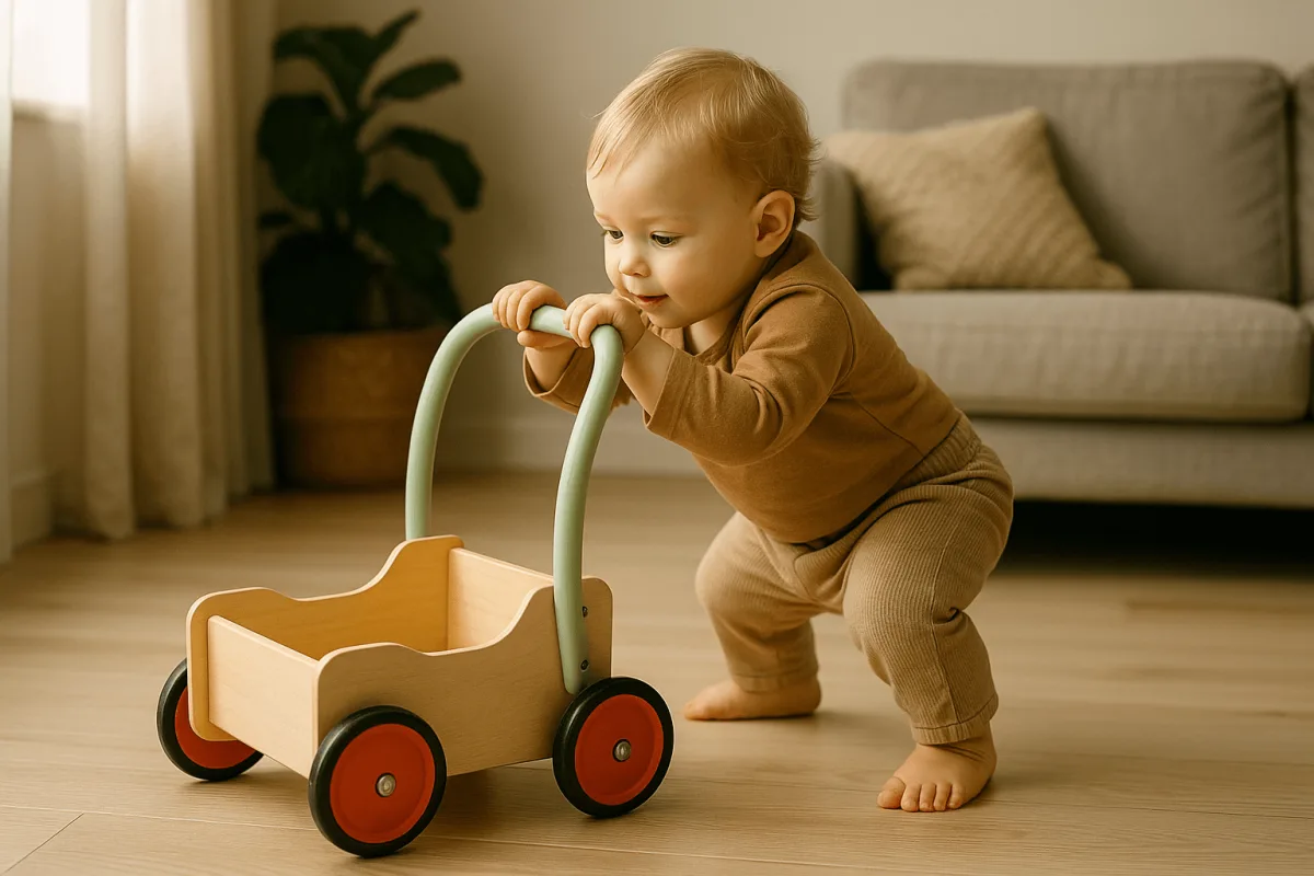 peuter speelt met duwwagen motorische ontwikkeling binnenshuis