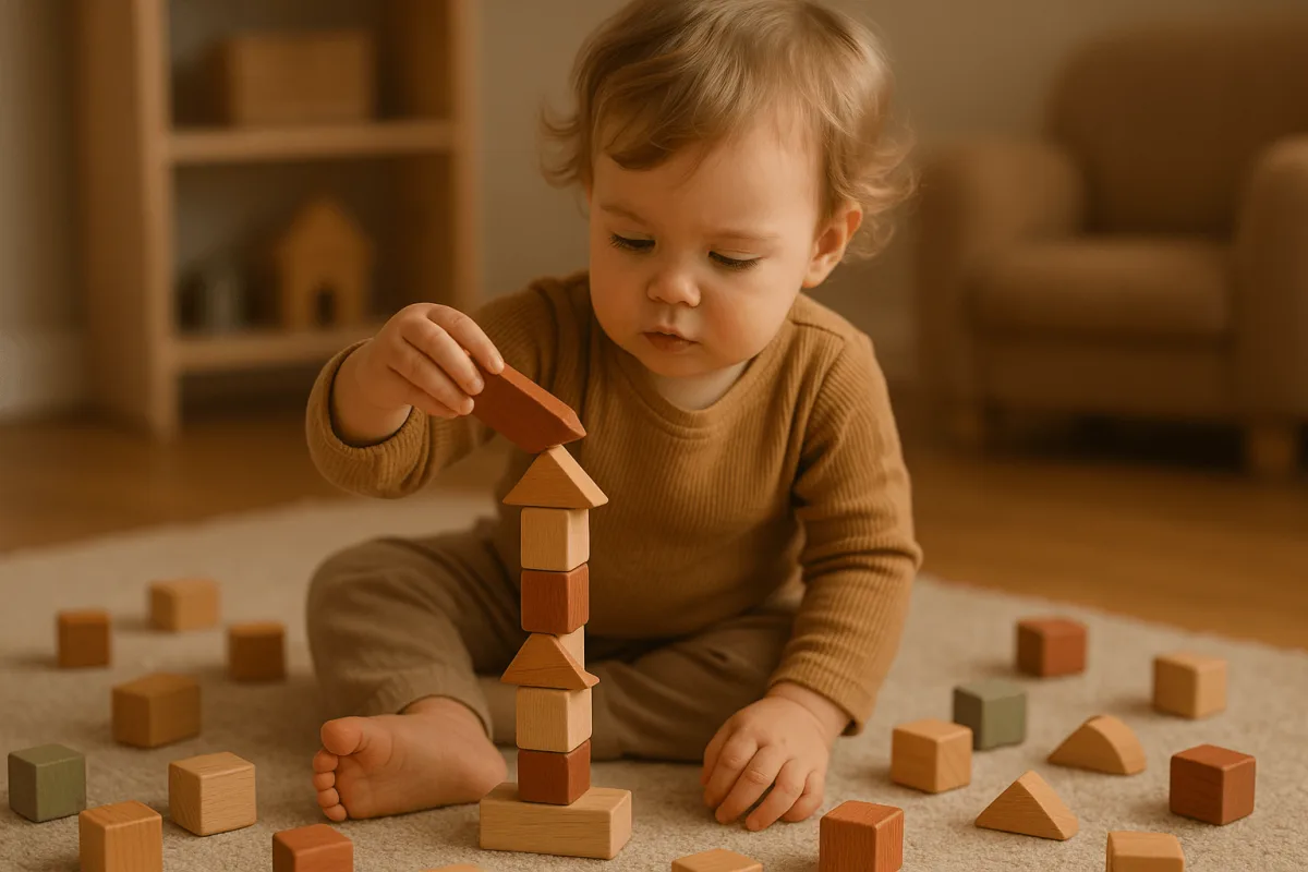 peuter speelt geconcentreerd met houten bouwblokken