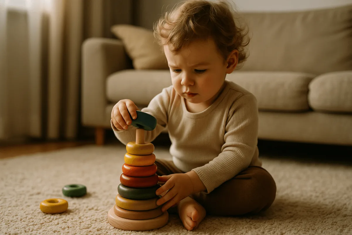 peuter speelt geconcentreerd met houten stapelblokken op tapijt