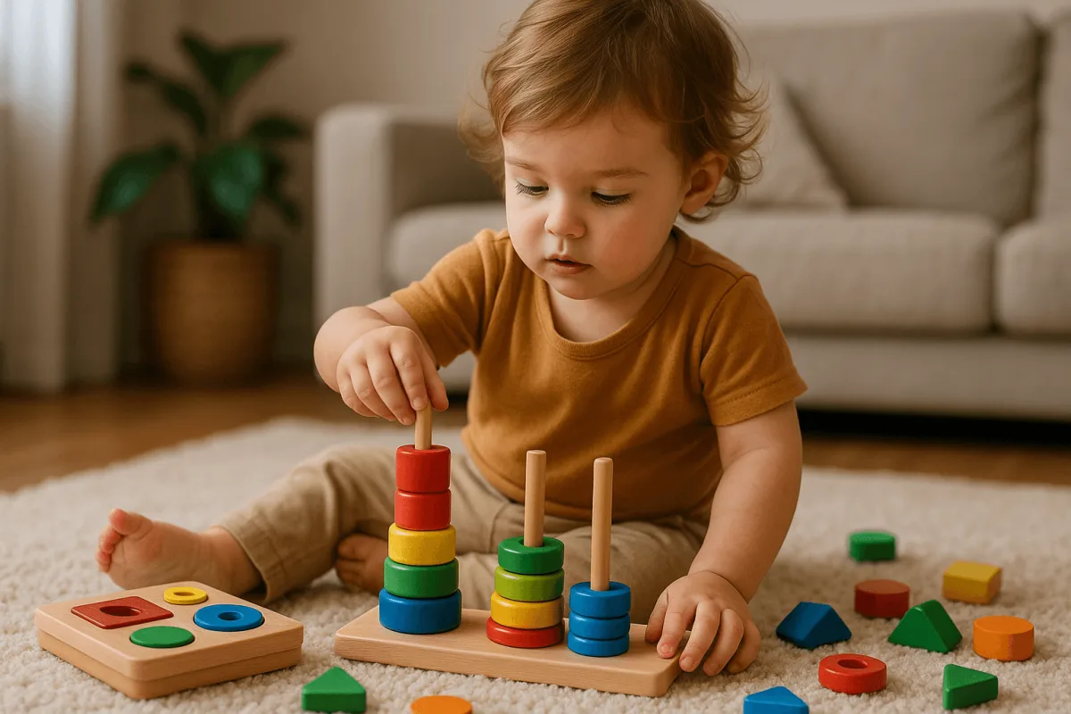 peuter speelt geconcentreerd met kleurrijke sorteerspellen thuis