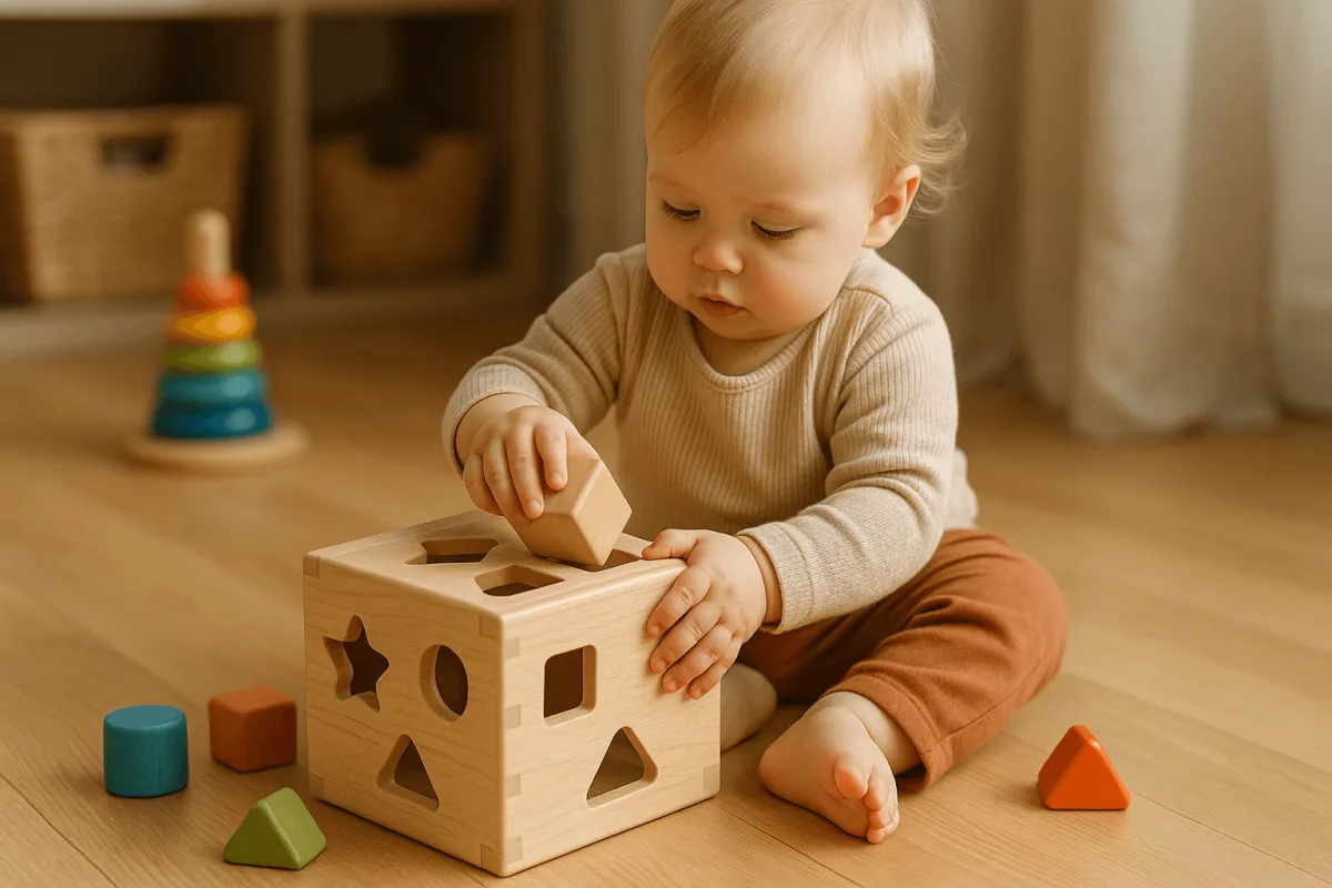 peuter speelt met houten vormenstoof motorische ontwikkeling