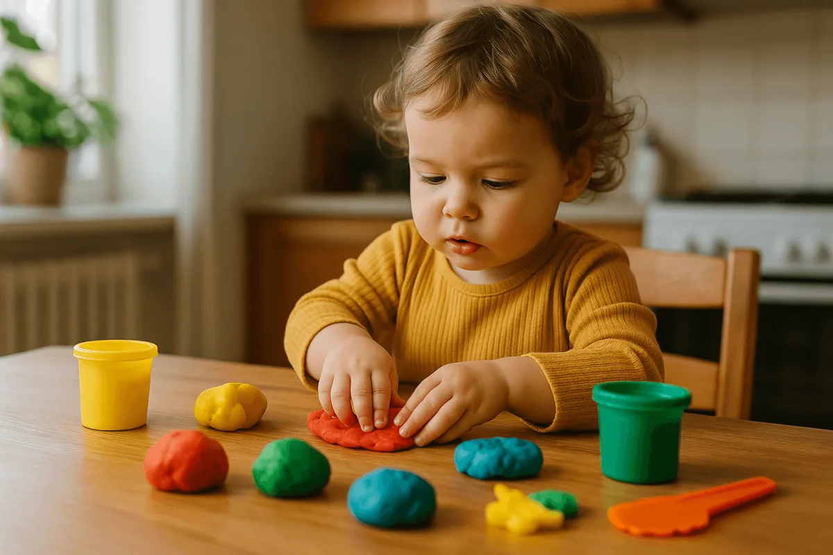 peuter speelt met kleurrijke klei aan keukentafel thuis