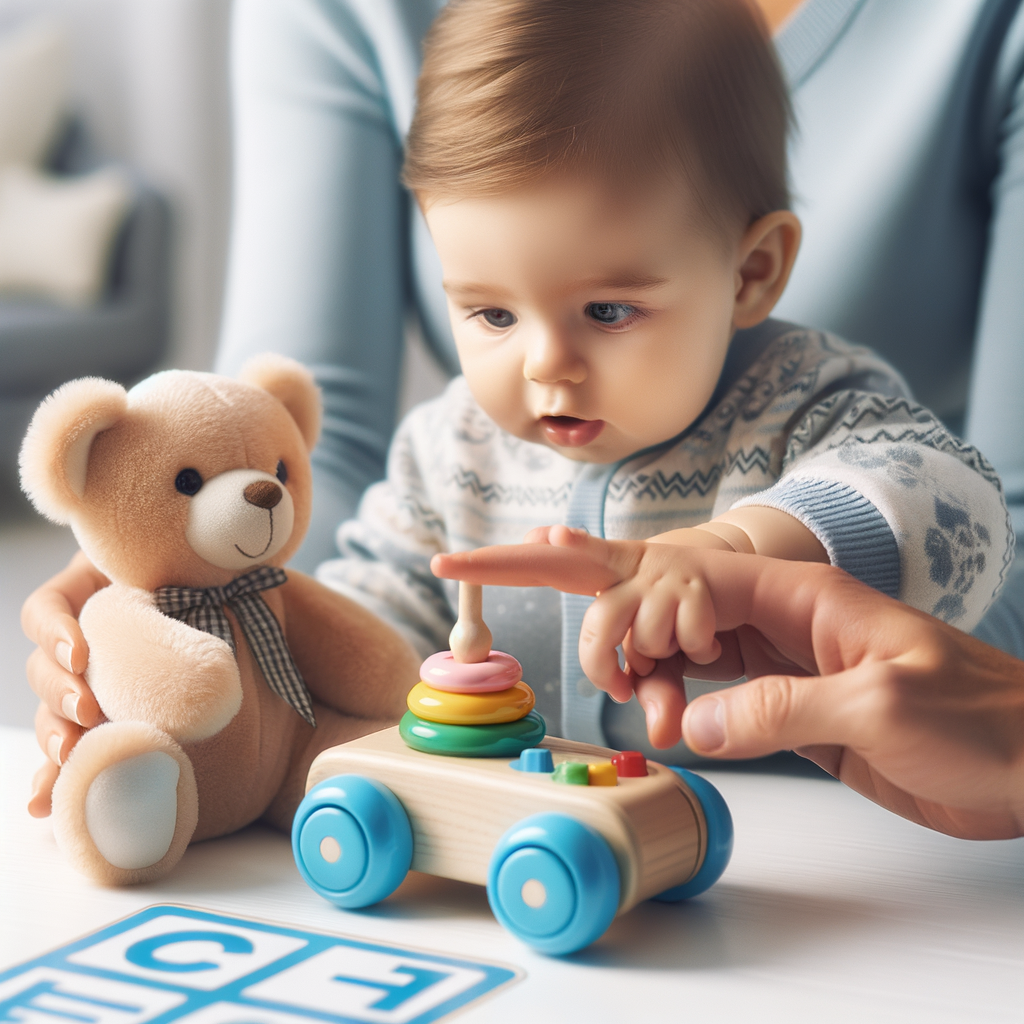 peuter wijst naar speelgoed tijdens taaloefening met ouder