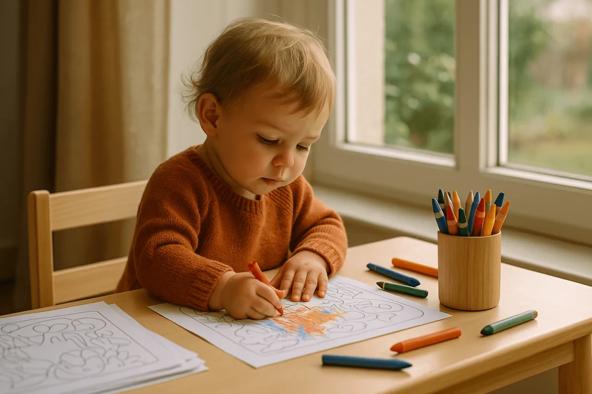 peuter zit rustig en geconcentreerd te kleuren aan een kindertafel bij raam