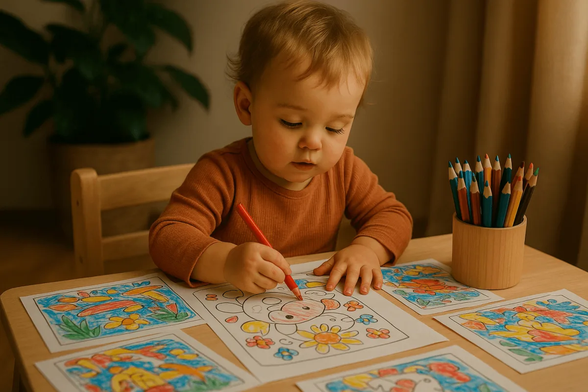 peuter zit rustig te kleuren aan lage kindertafel