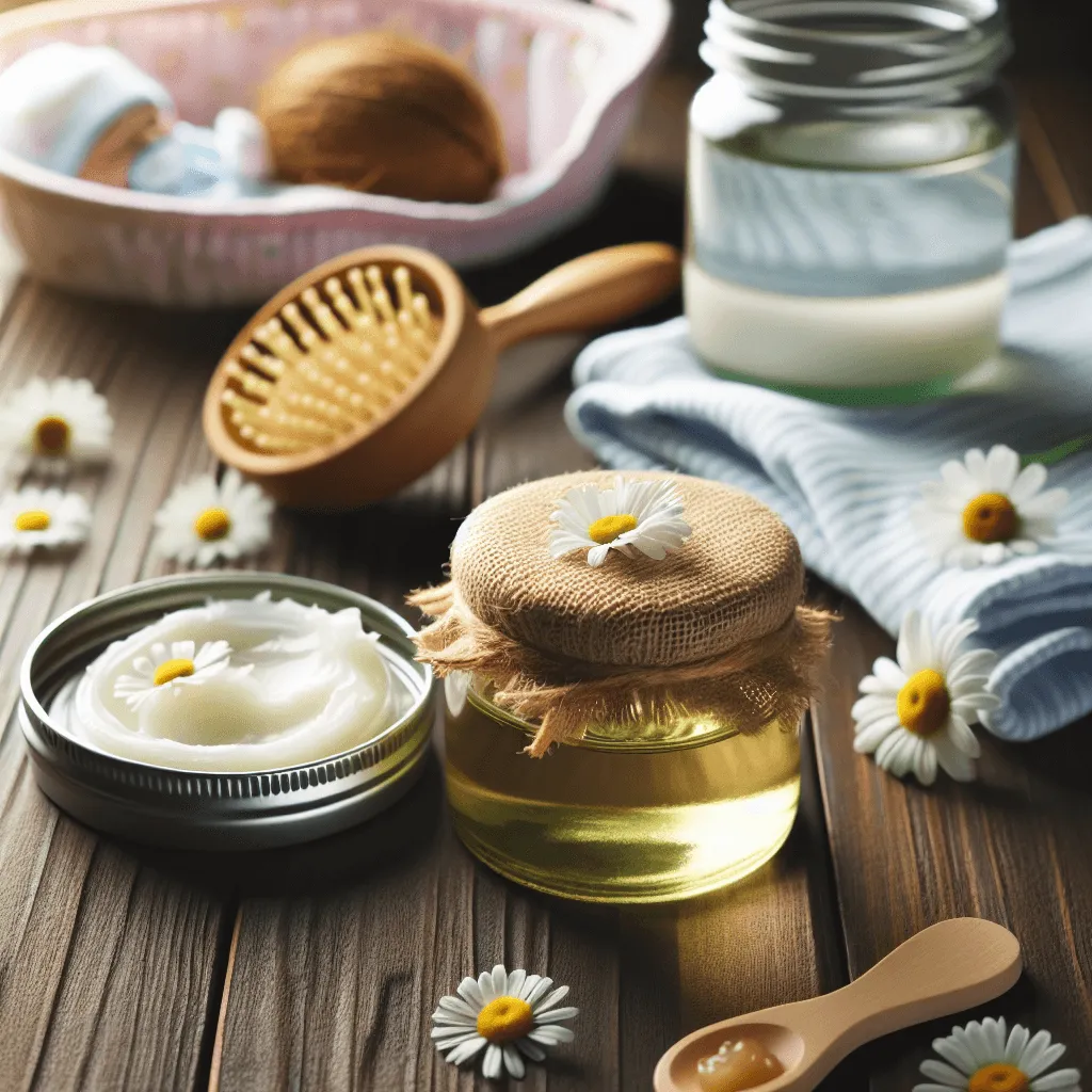 potje kokosnootolie en kamillezalf op houten ondergrond