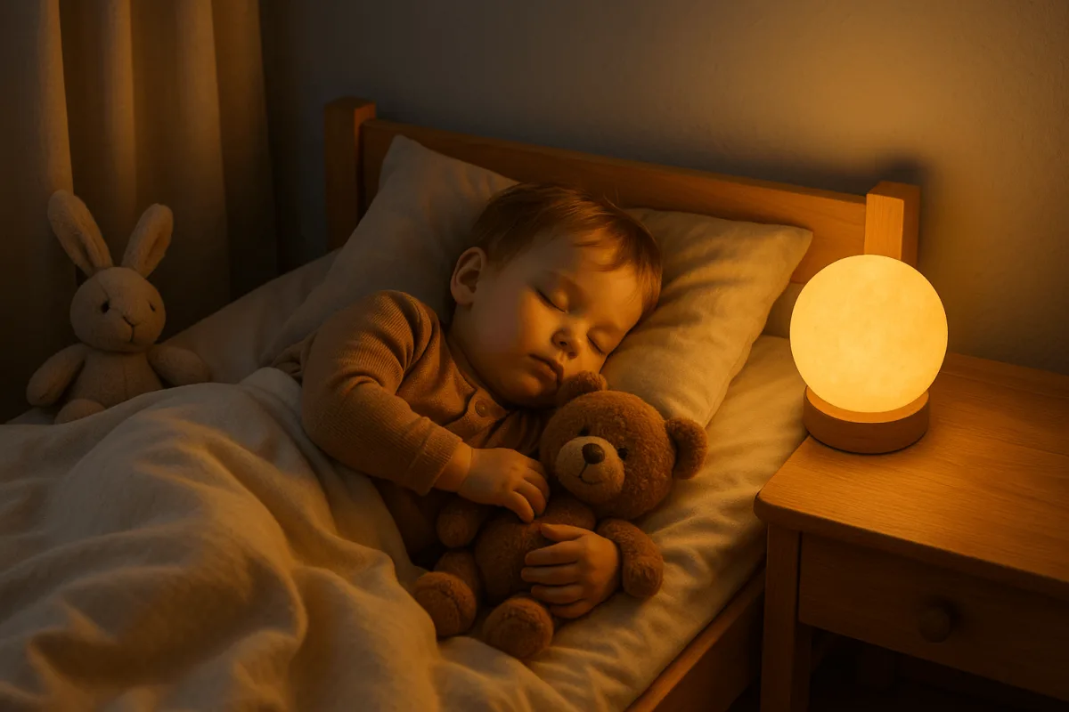 rustige slaapkamer peuter met nachtlampje en knuffels op bed