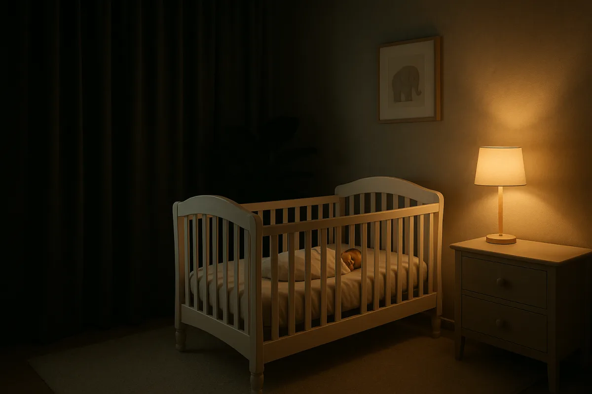 rustige verduisterde babykamer met witte wieg en zachte verlichting overdag