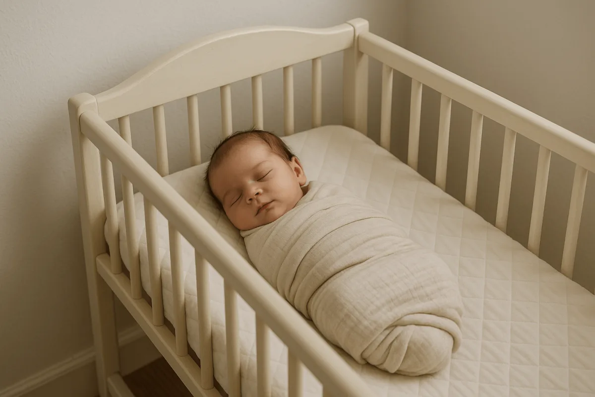 slapende newborn baby ingebakerd in wiegje naast witte muur