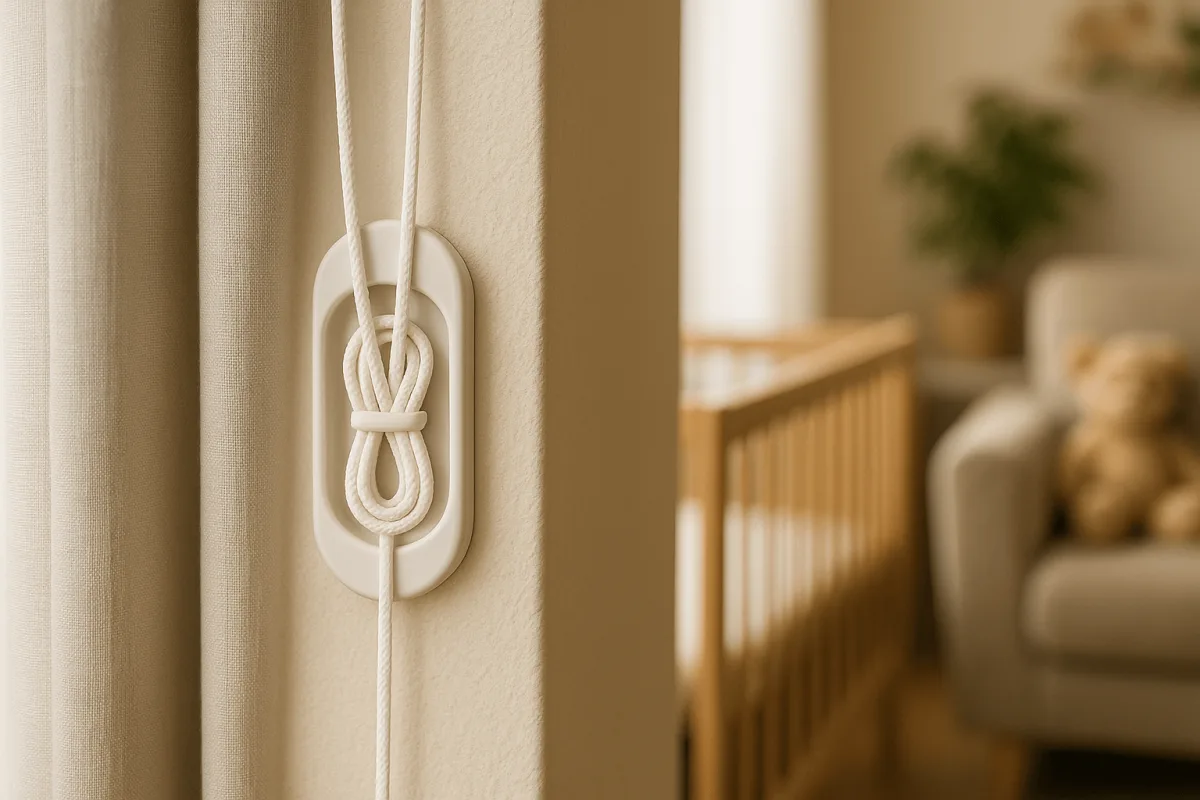 snoerhoudertje gordijn babyveilig gemonteerd muur woonkamer