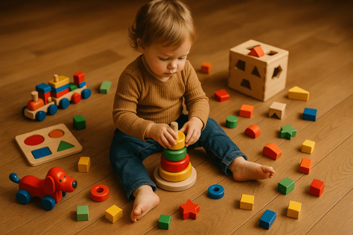 speelgoed 2-3 jaar peuter op houten vloer verspreid