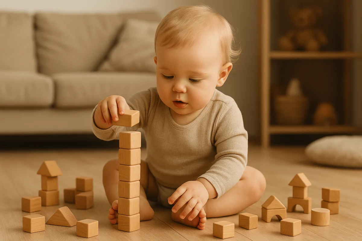 speelgoed 1-jarige kind speelt met houten blokken