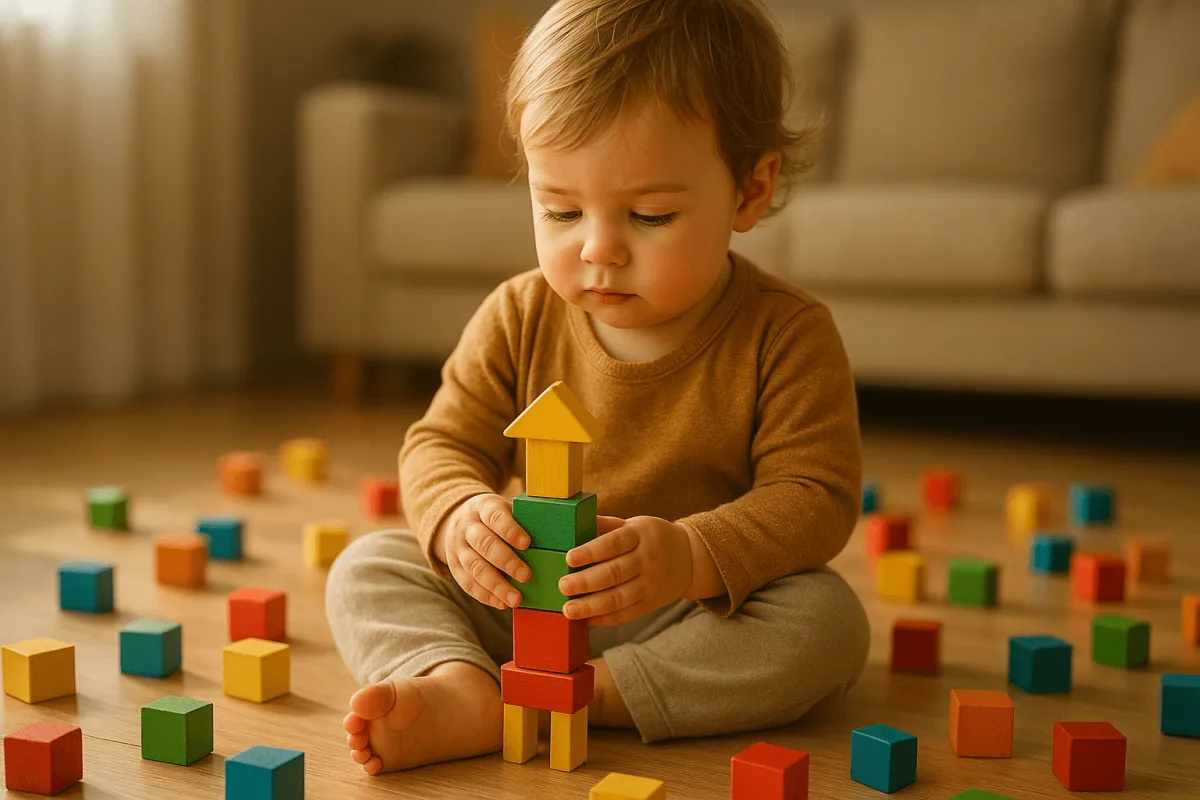 speelgoed peuter aandacht met kleurrijke bouwblokken op vloer