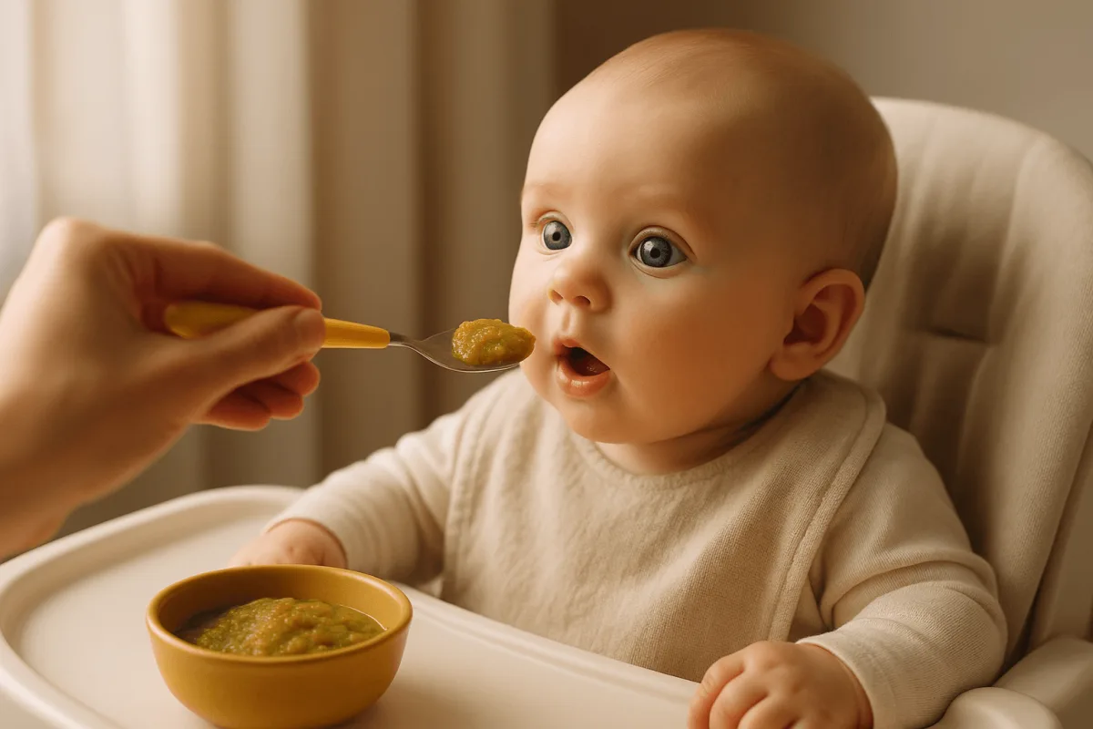 start eten baby spenen eerste lepeltje groentepap dichtbij