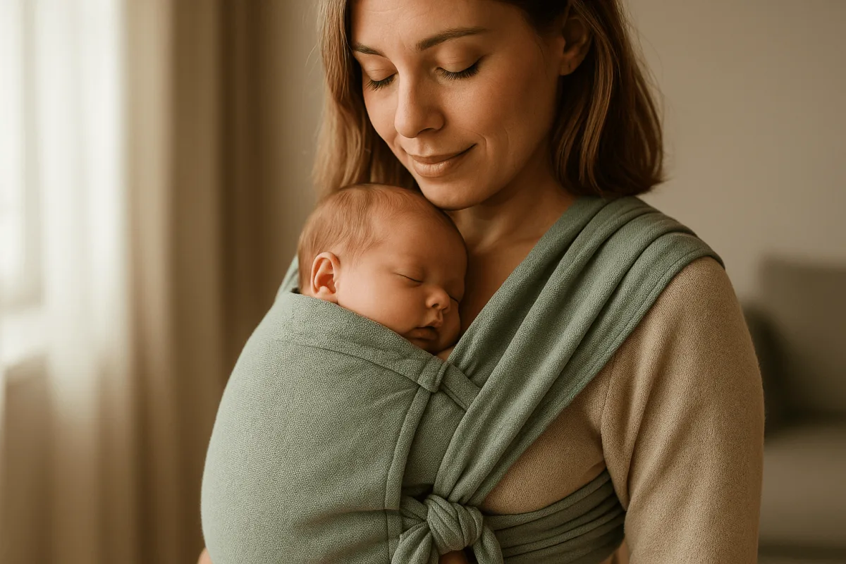 Stokke Limas babydrager in gebruik met pasgeboren baby, zachte stof