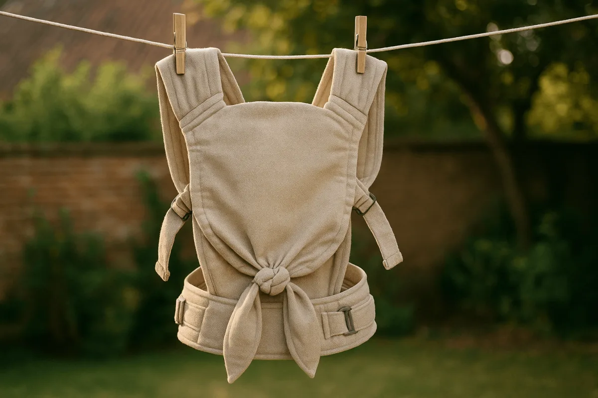 Stokke Limas babydrager na wassen hangend te drogen aan waslijn