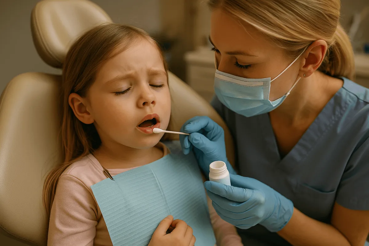 tandarts gebruikt verdovingszalf bij jong kind in behandelstoel