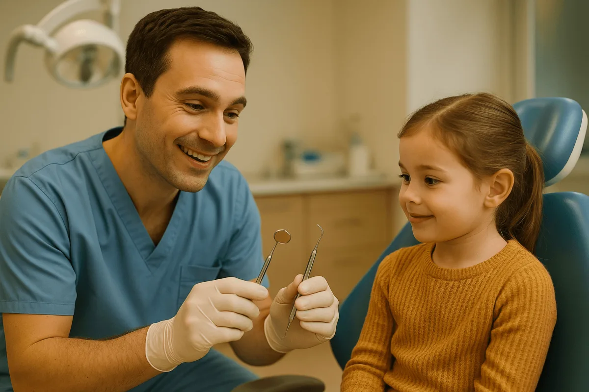 tandarts laat kind tandartsgereedschap zien in vriendelijke praktijk