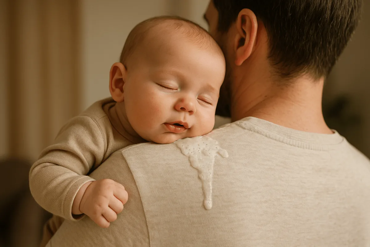 tevreden baby die na voeding op schouder van vader ligt te rusten
