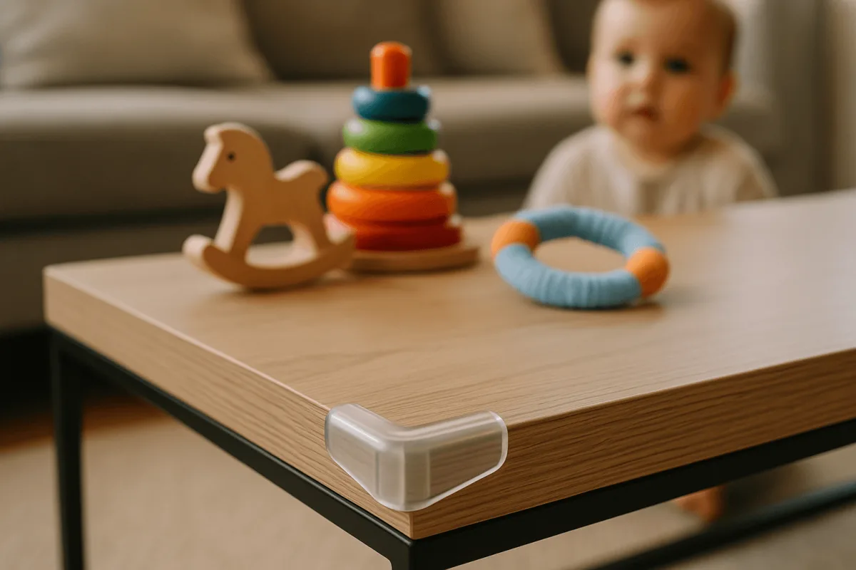 transparante hoekbeschermer op salontafel met babyspeelgoed