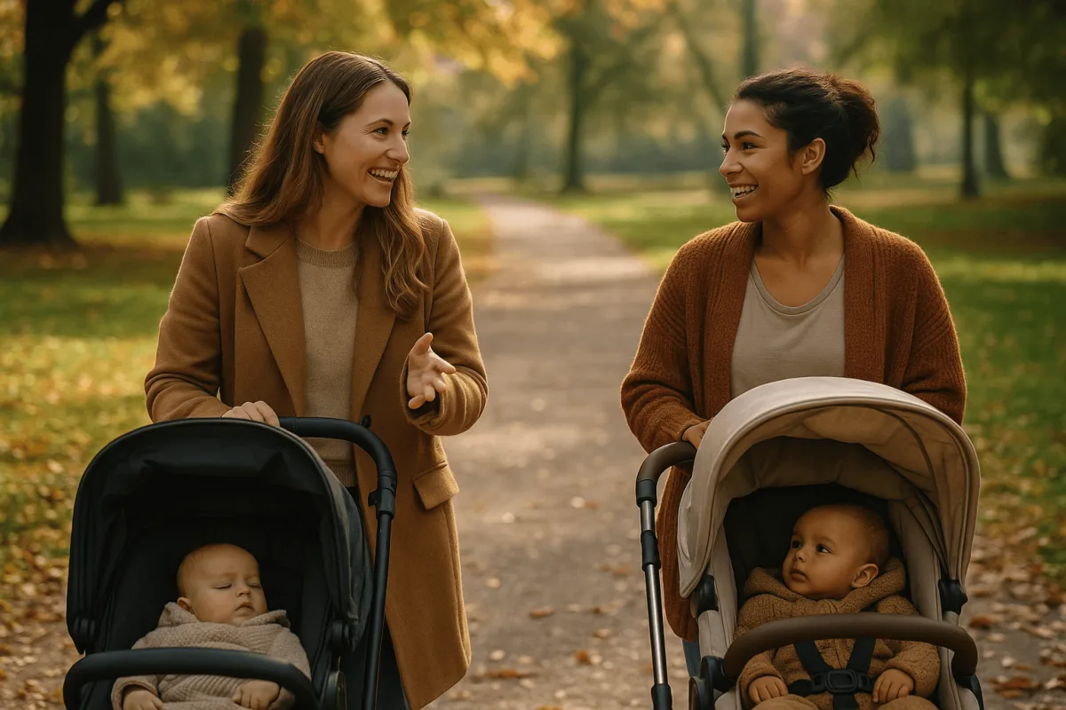 twee moeders met baby's in kinderwagen praten in park