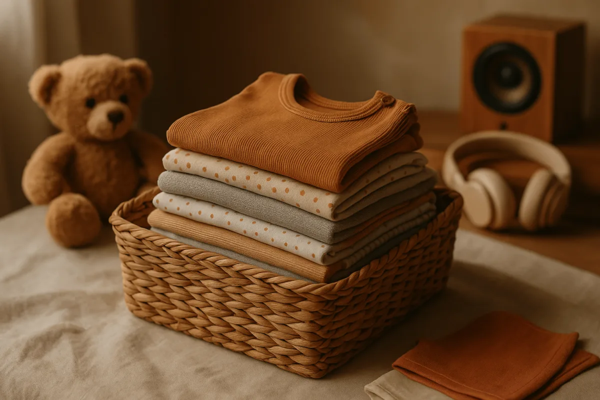 tweedehands babykleding netjes gevouwen in mand