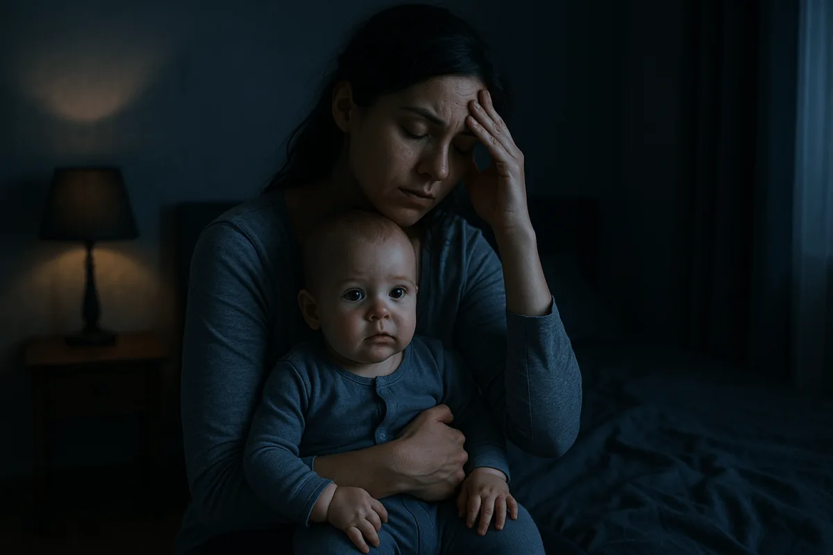 uitgeputte moeder houdt baby vast in donkere slaapkamer nacht