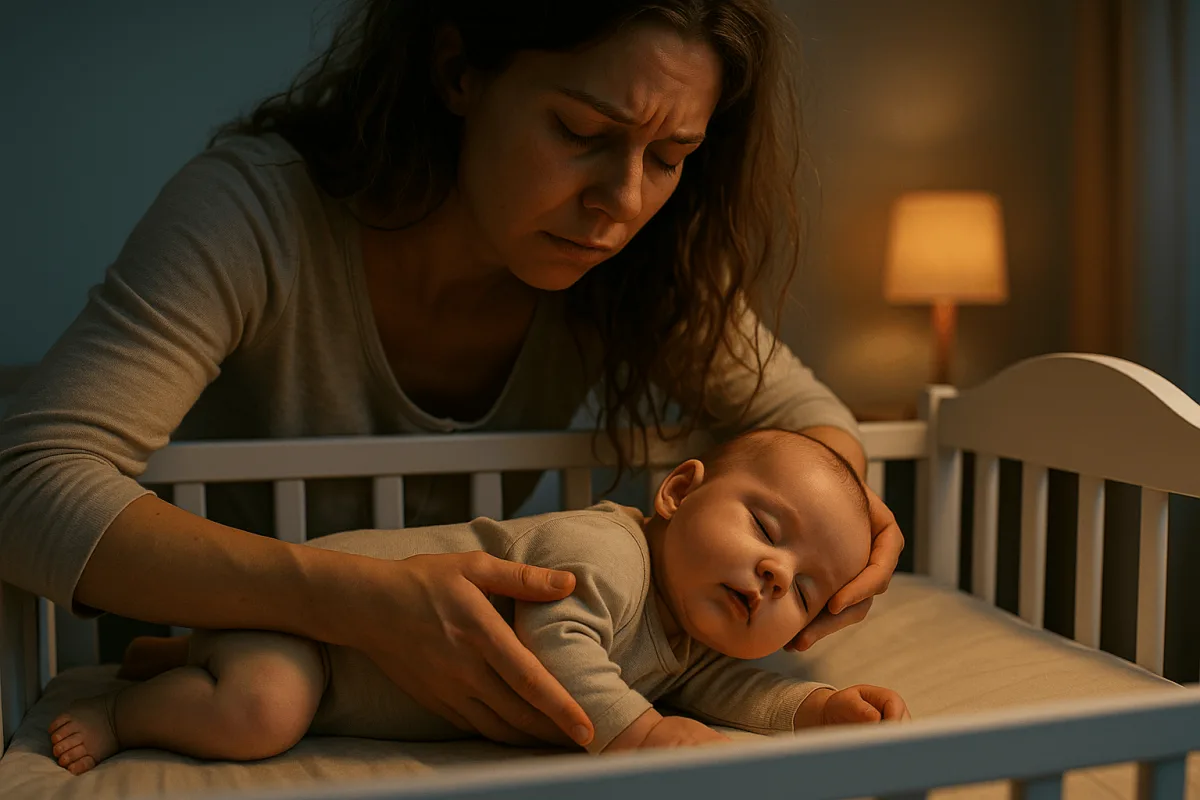 uitgeputte moeder legt slapende baby voorzichtig in wiegje neer