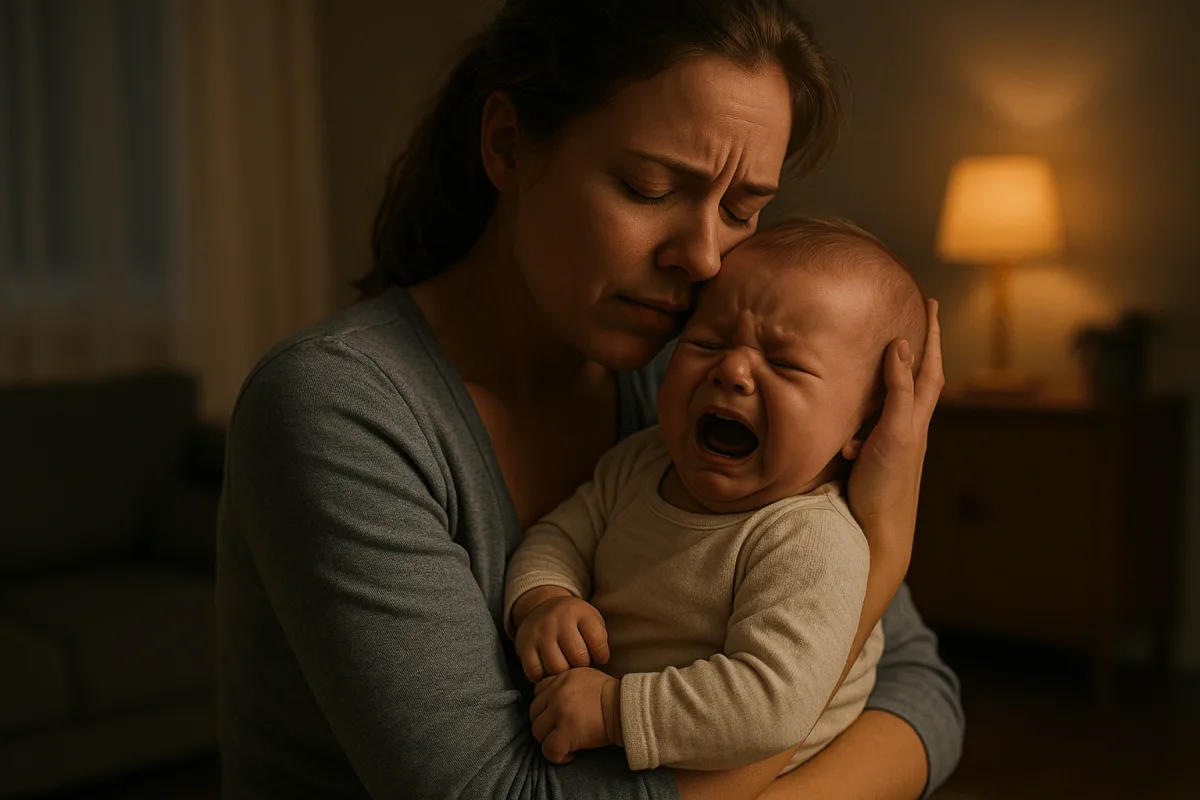 uitgeputte ouder troost huilende baby 's avonds thuis