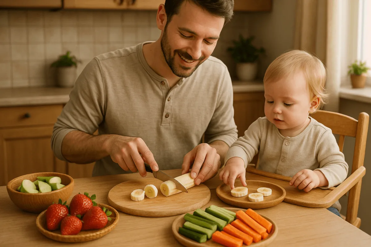 vader bereidt gezonde snacks voor zijn peuter thuis samen