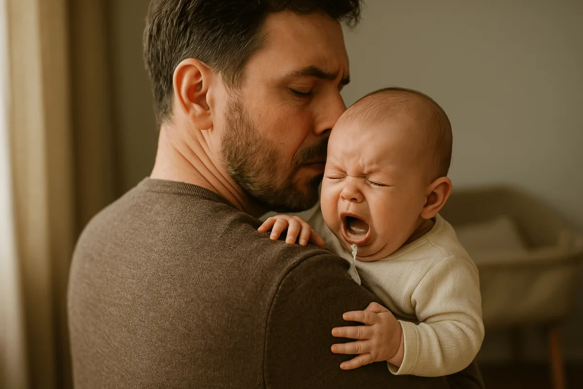 vader boert baby na voeding op zijn schouder