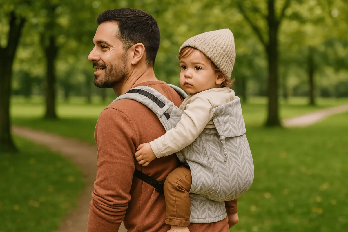 vader draagt kind op rug met Stokke Limas buiten in park
