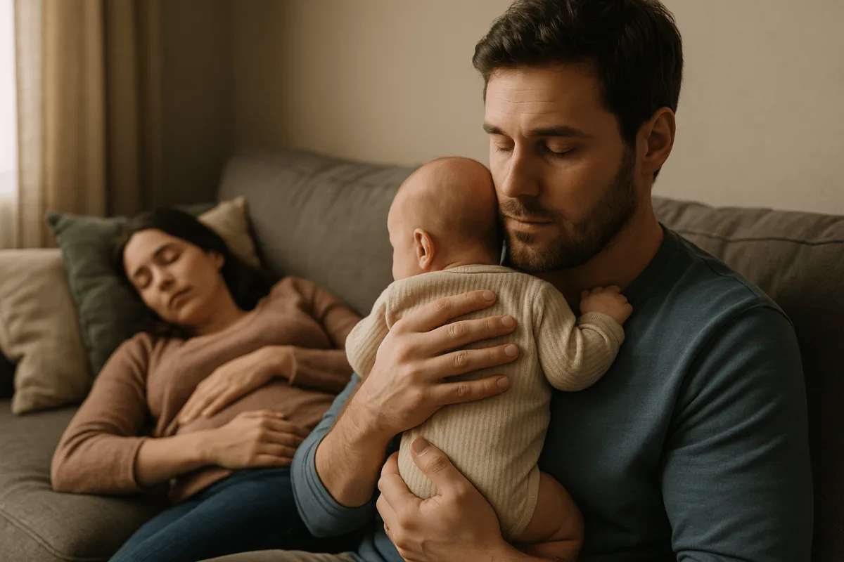 vader geeft baby boertje terwijl moeder rust op de bank