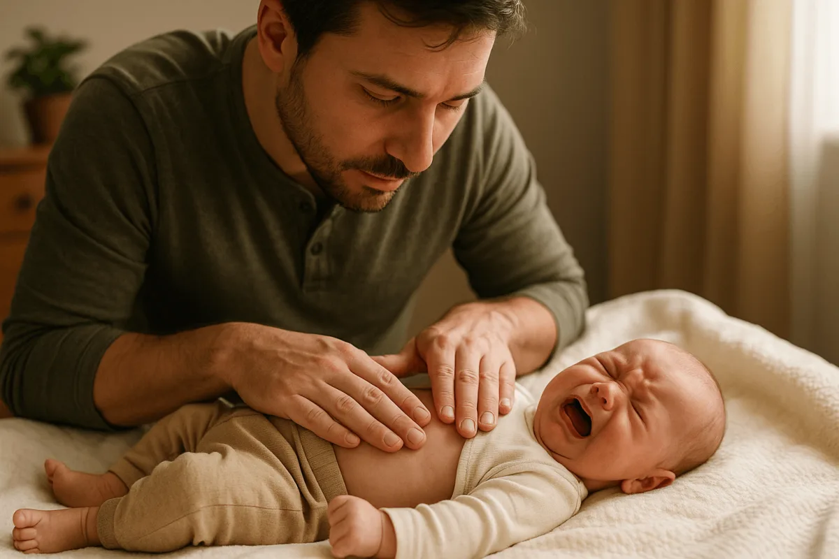 vader geeft baby buikmassage voor koliek verlichting