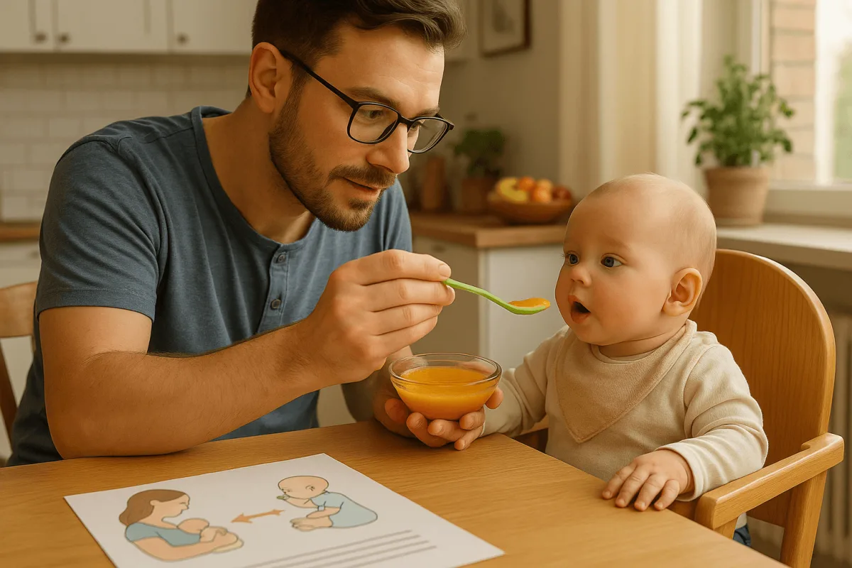 vader geeft baby lepeltje fruit aan keukentafel thuis