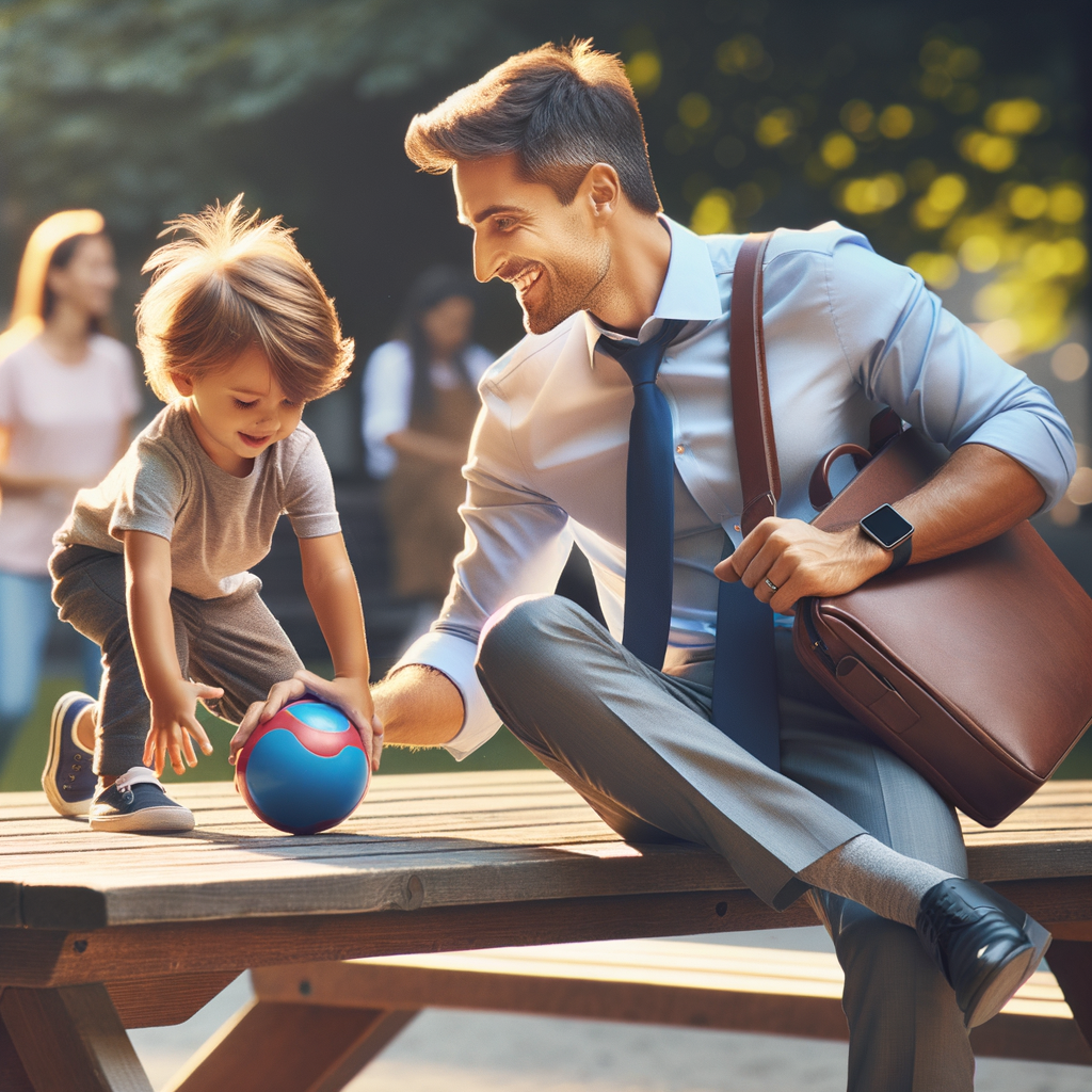 vader en kind spelend in park tijdens werkpauze