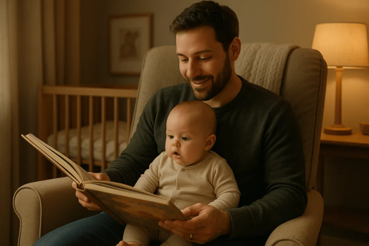 vader leest voor aan baby in knusse stoel thuis