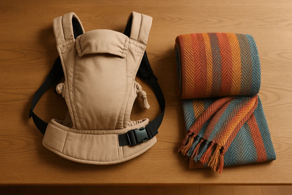 vergelijking Stokke Limas naast geweven draagdoek op tafel