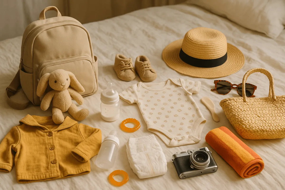 vergeten babyspullen op vakantie checklist uitgespreid op bed