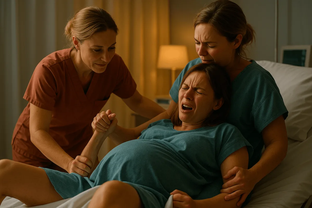 verloskundige begeleidt moeder tijdens bevalling in verloskamer